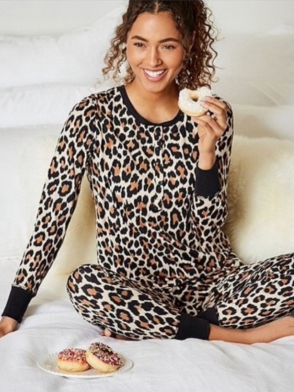 kate spade Leopard Print Long Sleeve Velour Pajama Set with Black Trim. Cozy